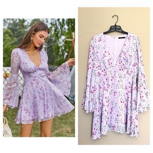 Floral Lavender Boho Bell Sleeve Mini Dress